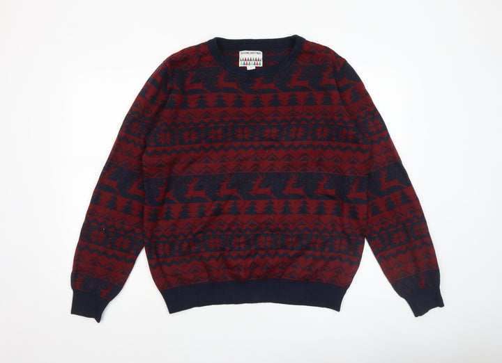 Seasons Greetings Men's Red Navy Fair Isle Christmas Jumper L