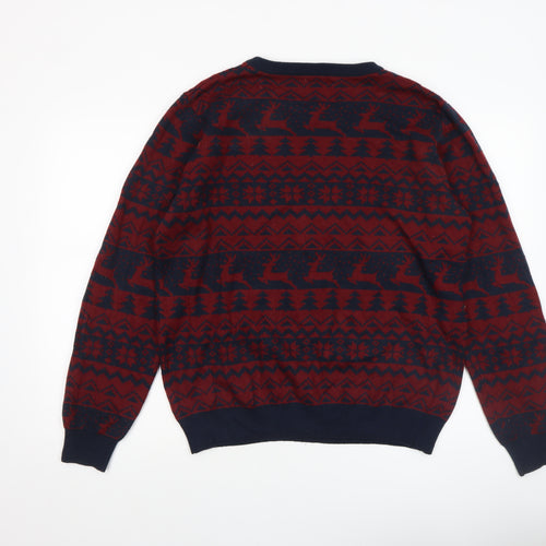 Seasons Greetings Men's Red Navy Fair Isle Christmas Jumper L