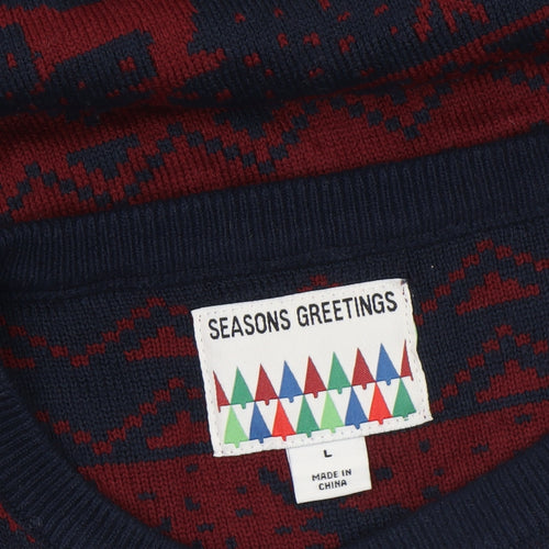 Seasons Greetings Men's Red Navy Fair Isle Christmas Jumper L