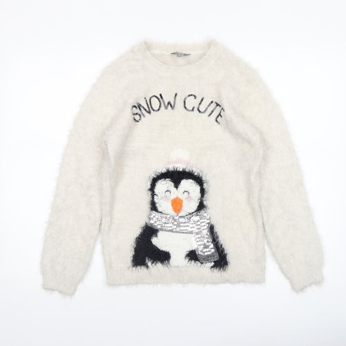 Fluid Girls Ivory Penguin Christmas Jumper 11-12 Years Pullover Knit