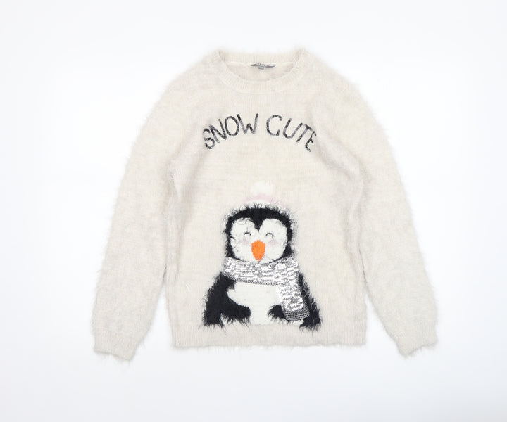 Fluid Girls Ivory Penguin Christmas Jumper 11-12 Years Pullover Knit