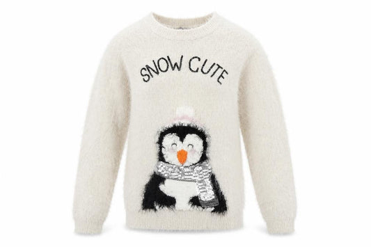 Front view of Fluid girls’ ivory penguin christmas jumper 11-12 years pullover knit