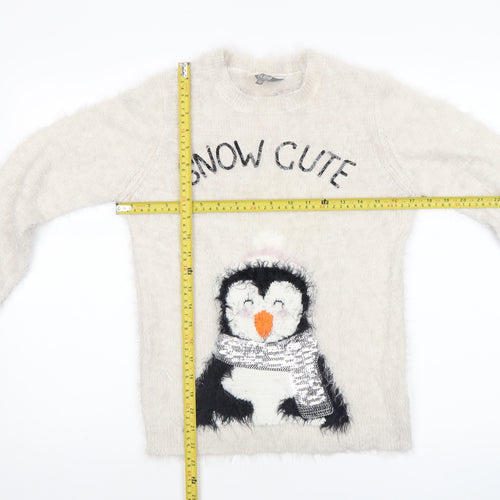 Fluid Girls Ivory Penguin Christmas Jumper 11-12 Years Pullover Knit