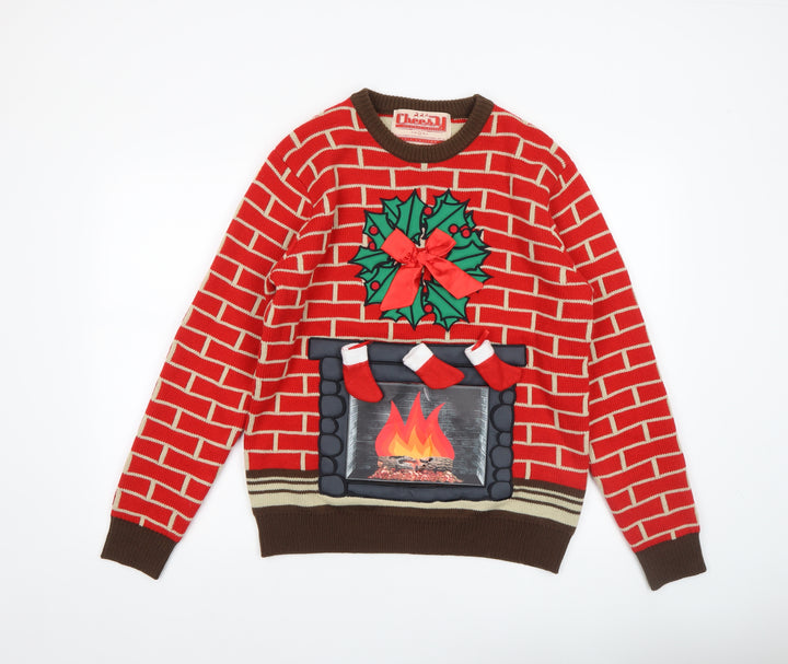 Cheesy Christmas Jumpers Men Red M Fireplace Funny Xmas Pullover Sweater