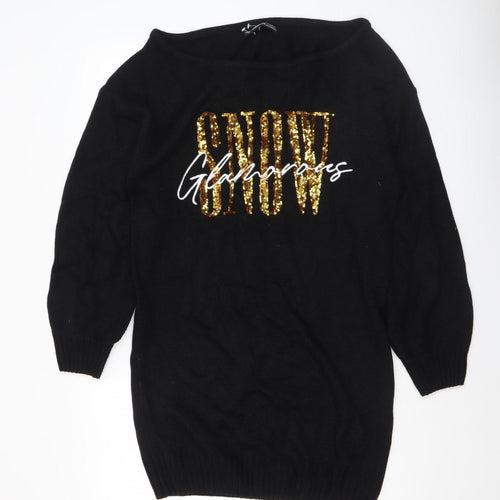 Threadbare Women's Black Sequin SNOW Pullover Jumper Size 8