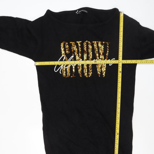 Threadbare Women's Black Sequin SNOW Pullover Jumper Size 8