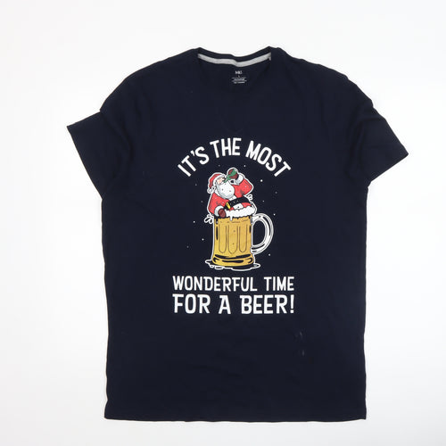 Marks and Spencer Men's Blue Christmas Beer Santa T-Shirt L