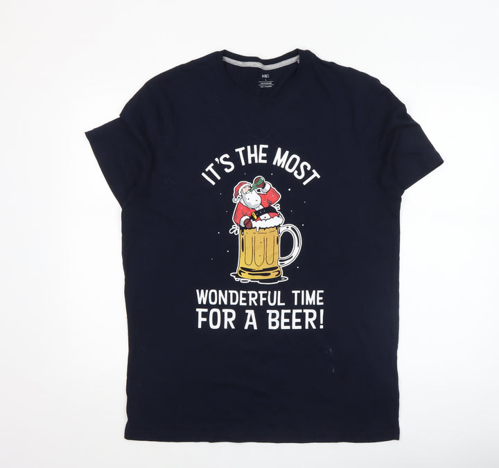 Marks and Spencer Men's Blue Christmas Beer Santa T-Shirt L