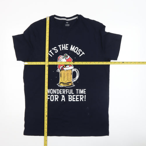 Marks and Spencer Men's Blue Christmas Beer Santa T-Shirt L