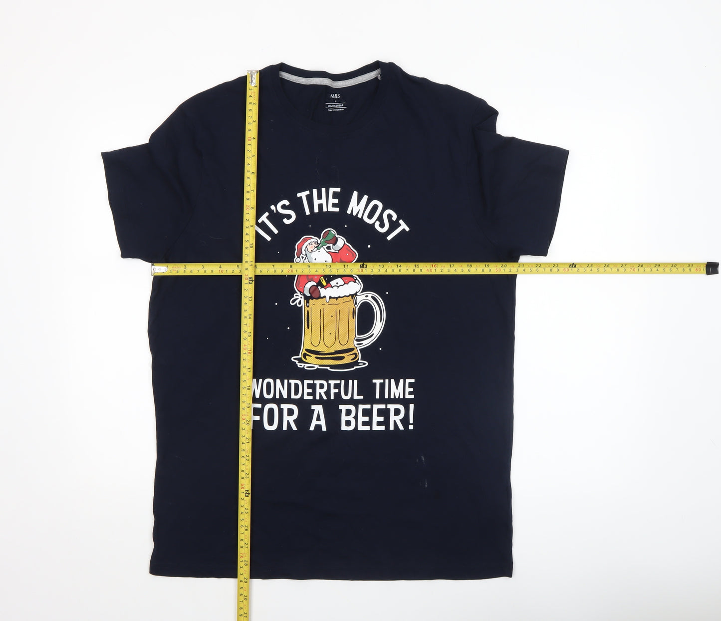 Marks and Spencer Men's Blue Christmas Beer Santa T-Shirt L