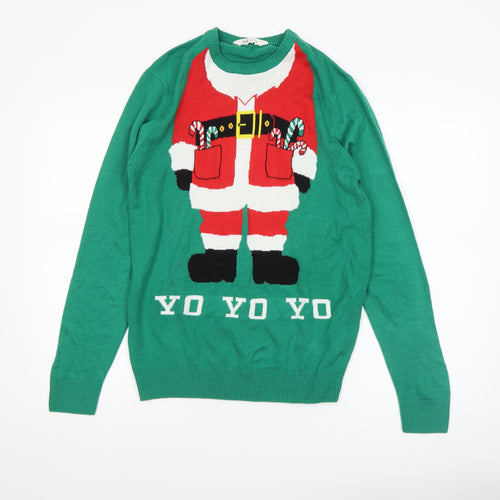 H&M Boys Green Christmas Santa Jumper Size 16 Years Acrylic Crew Neck