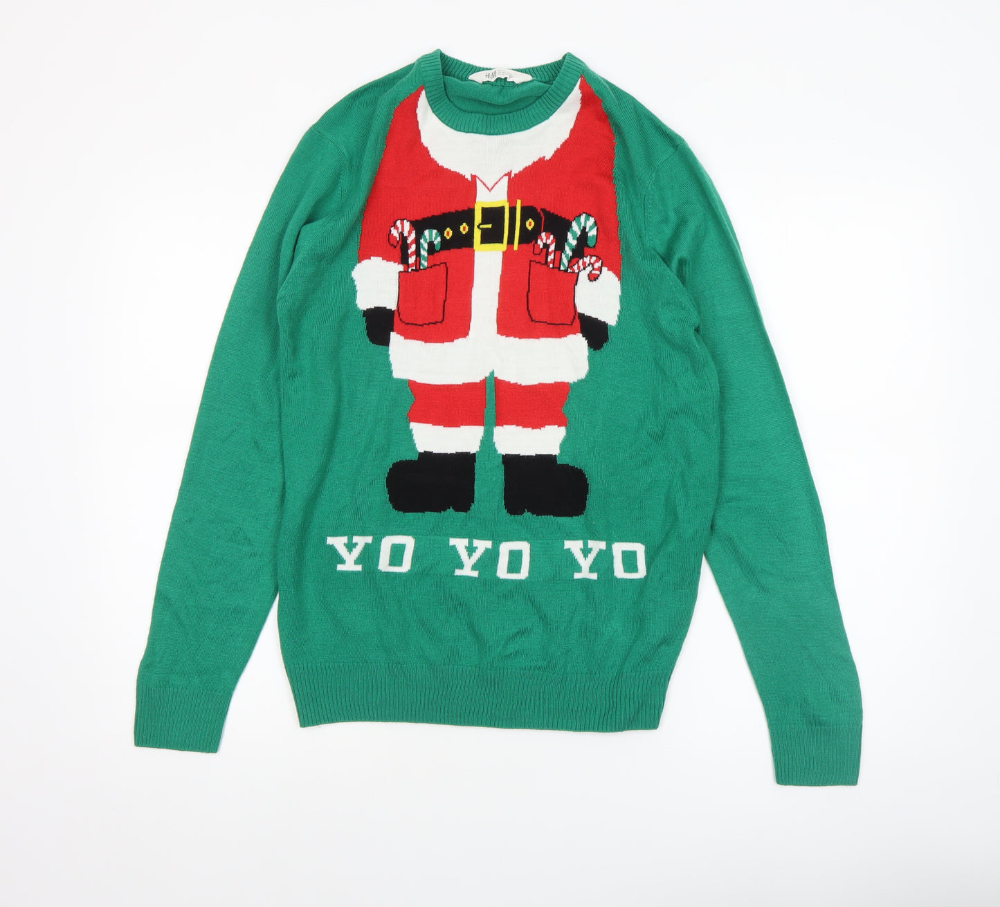 H&M Boys Green Christmas Santa Jumper Size 16 Years Acrylic Crew Neck