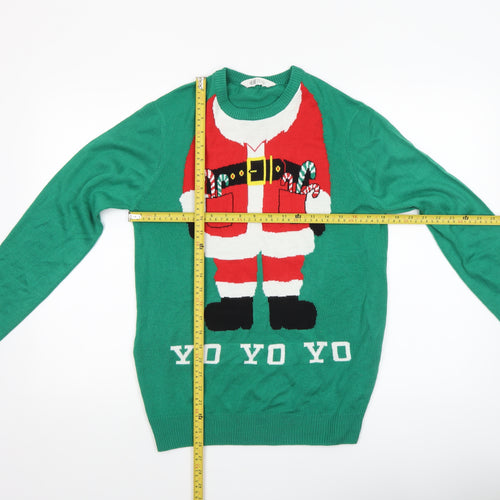 H&M Boys Green Christmas Santa Jumper Size 16 Years Acrylic Crew Neck