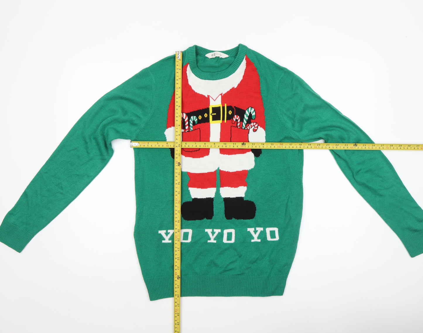 H&M Boys Green Christmas Santa Jumper Size 16 Years Acrylic Crew Neck