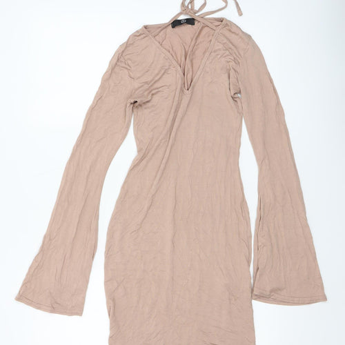 Missguided Women Beige Long Sleeve V-Neck Bodycon Dress Size 8