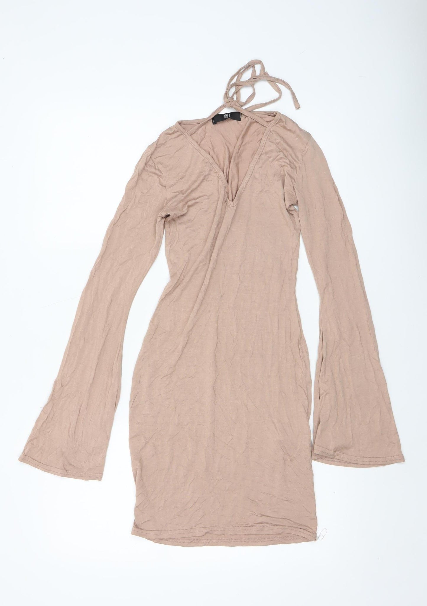 Missguided Women Beige Long Sleeve V-Neck Bodycon Dress Size 8