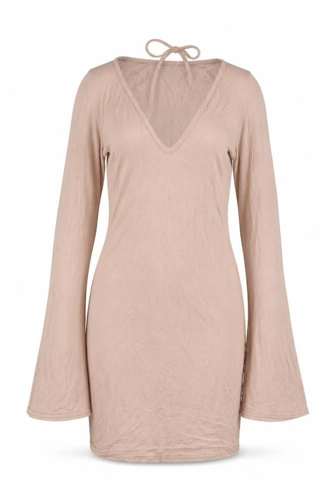 Missguided Women Beige Long Sleeve V-Neck Bodycon Dress Size 8