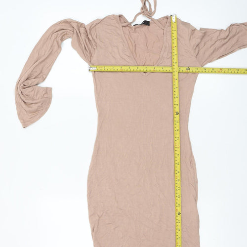 Missguided Women Beige Long Sleeve V-Neck Bodycon Dress Size 8