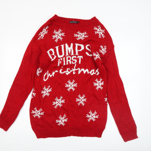 Boohoo Women's Red Maternity Christmas Jumper Size M/L Crew Neck Knit