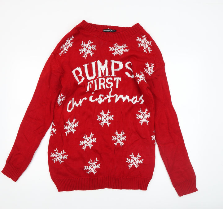 Boohoo Women's Red Maternity Christmas Jumper Size M/L Crew Neck Knit