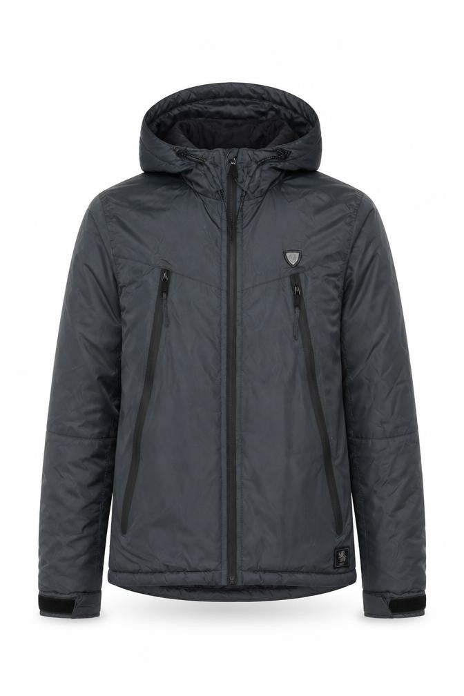 Front view of BORO 1876 Men's Grey Hooded Puffer Jacket, size S, Windproof Outdoor