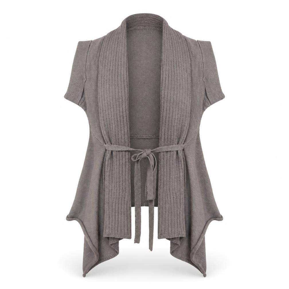 Promod Women's Grey Belted Knit Short Sleeve Cardigan Size 6