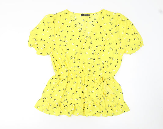 Quiz Women Yellow Floral Short Sleeve Ruffle Tunic Blouse Size 16