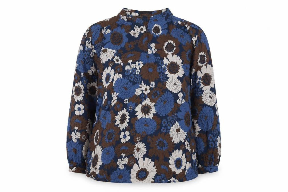 Front view of OPUS women’s blue floral cotton long sleeve blouse, size UK 10