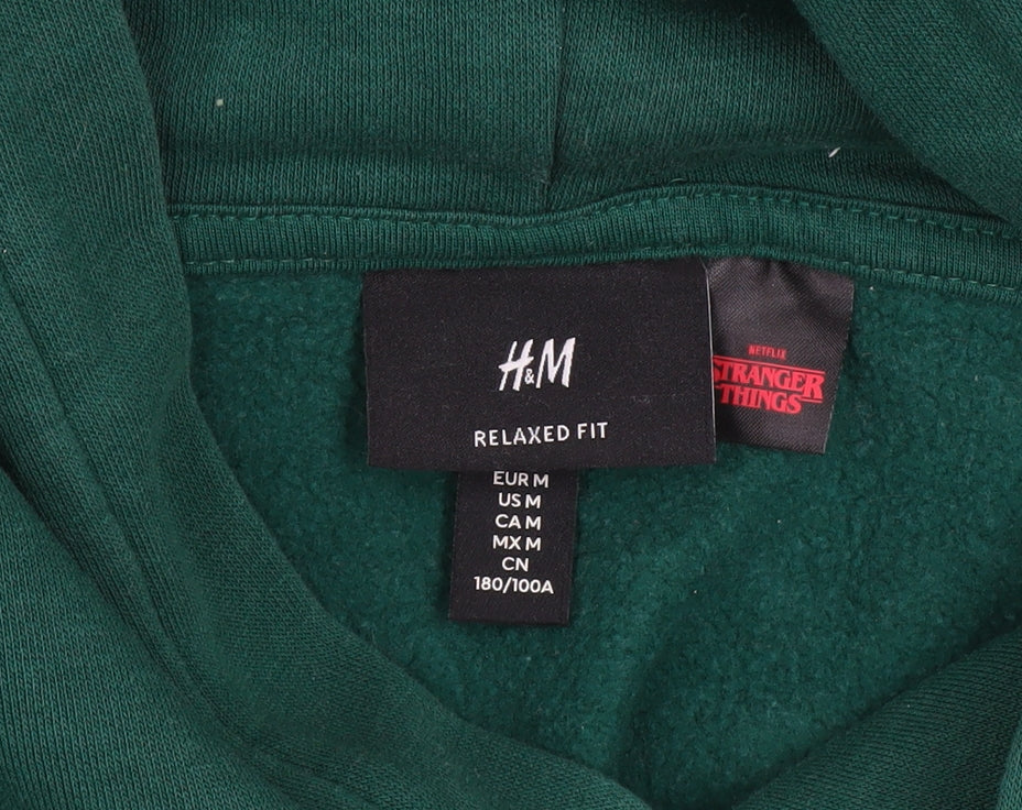 H&M Men Green Stranger Things Hawkins Pullover Hoodie Size M Relaxed Fit
