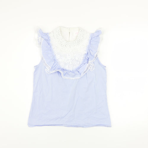 Savida Women’s Blue Striped Lace Ruffle Sleeveless Blouse XS