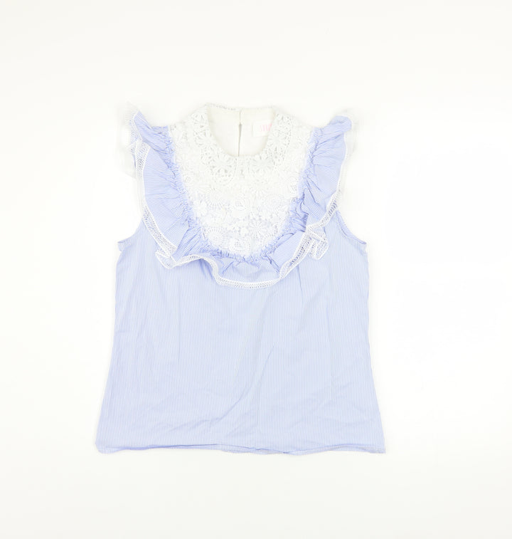 Savida Women’s Blue Striped Lace Ruffle Sleeveless Blouse XS