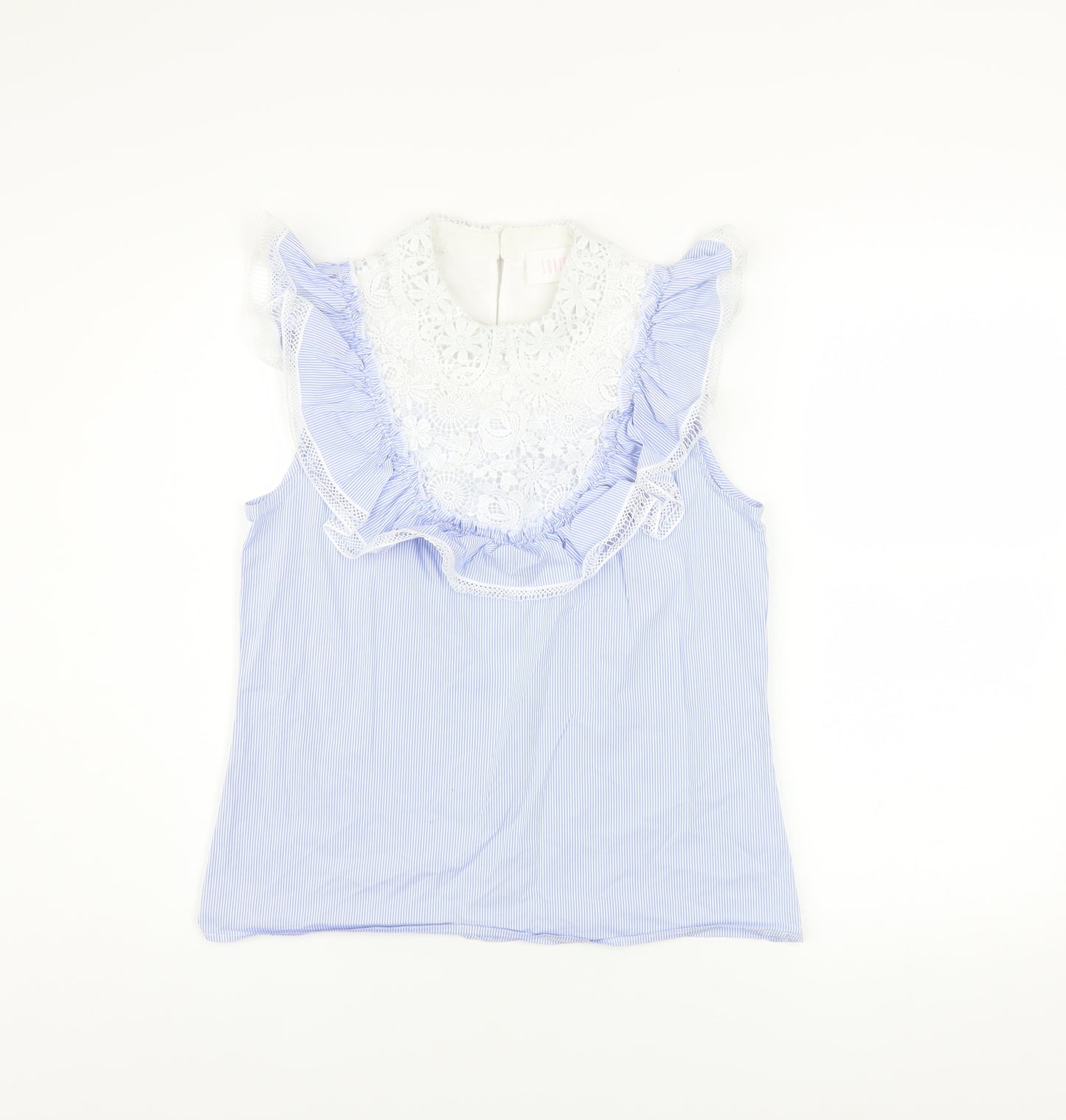 Savida Women’s Blue Striped Lace Ruffle Sleeveless Blouse XS
