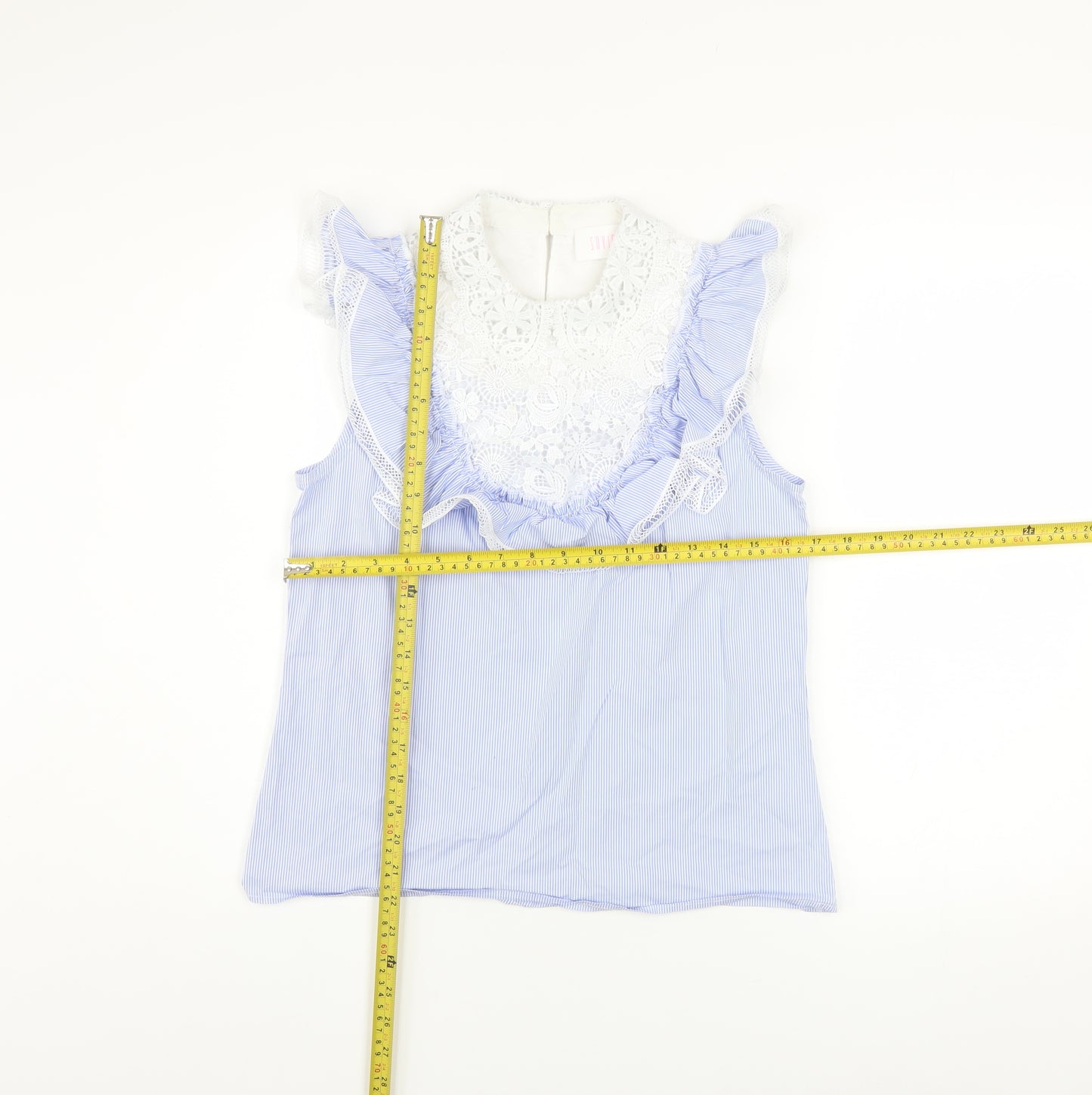 Savida Women’s Blue Striped Lace Ruffle Sleeveless Blouse XS