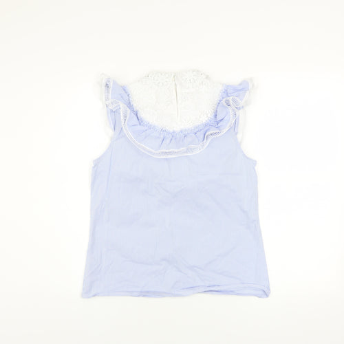 Savida Women’s Blue Striped Lace Ruffle Sleeveless Blouse XS