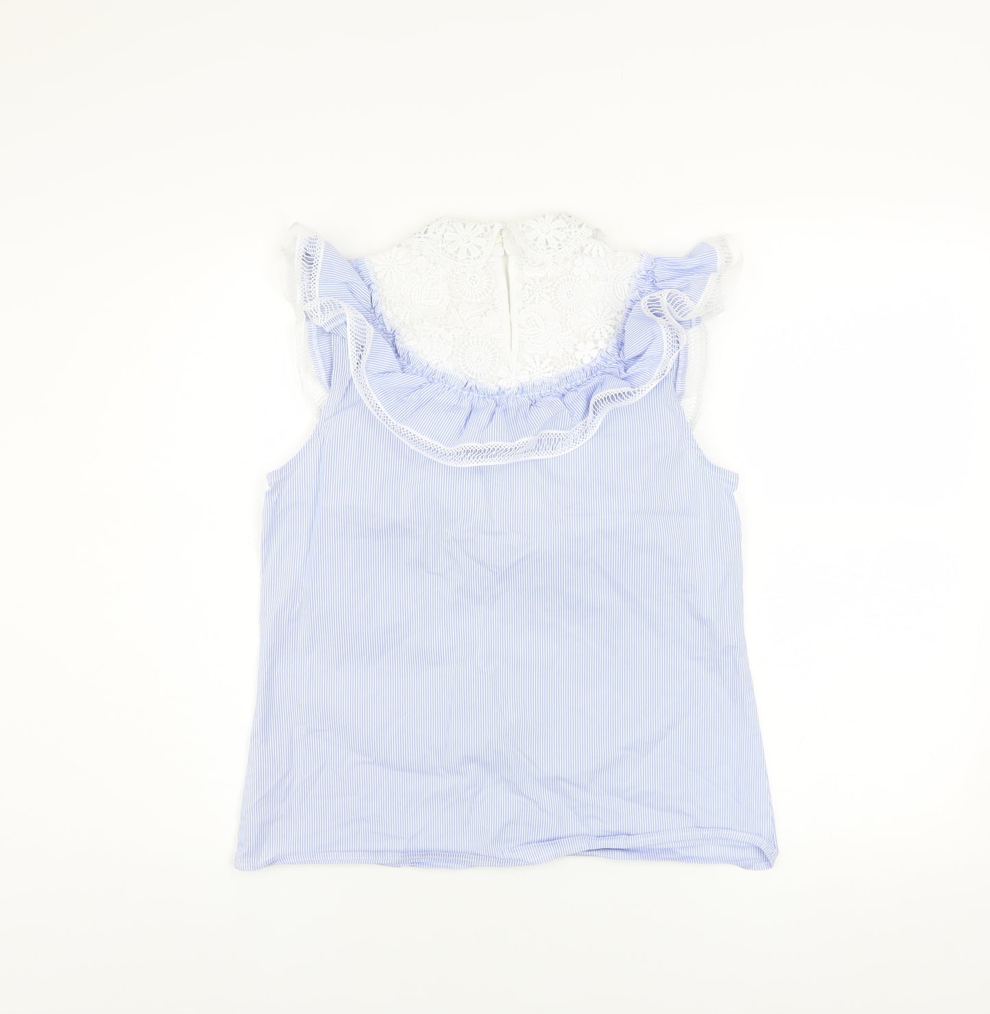 Savida Women’s Blue Striped Lace Ruffle Sleeveless Blouse XS