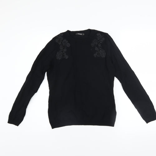 Dunnes Womens Black Embroidered Crew Neck Long Sleeve Jumper Size 8
