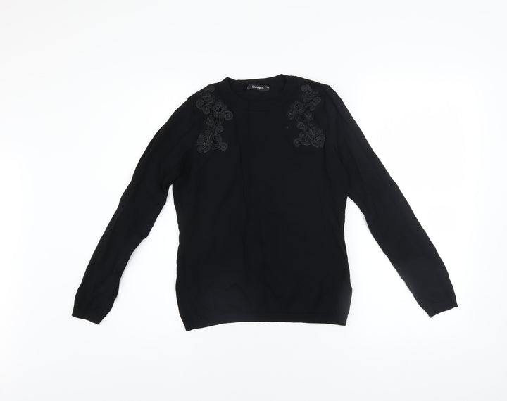 Dunnes Womens Black Embroidered Crew Neck Long Sleeve Jumper Size 8