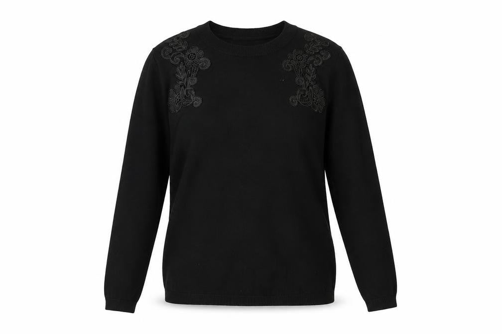 Dunnes Womens Black Embroidered Crew Neck Long Sleeve Jumper Size 8