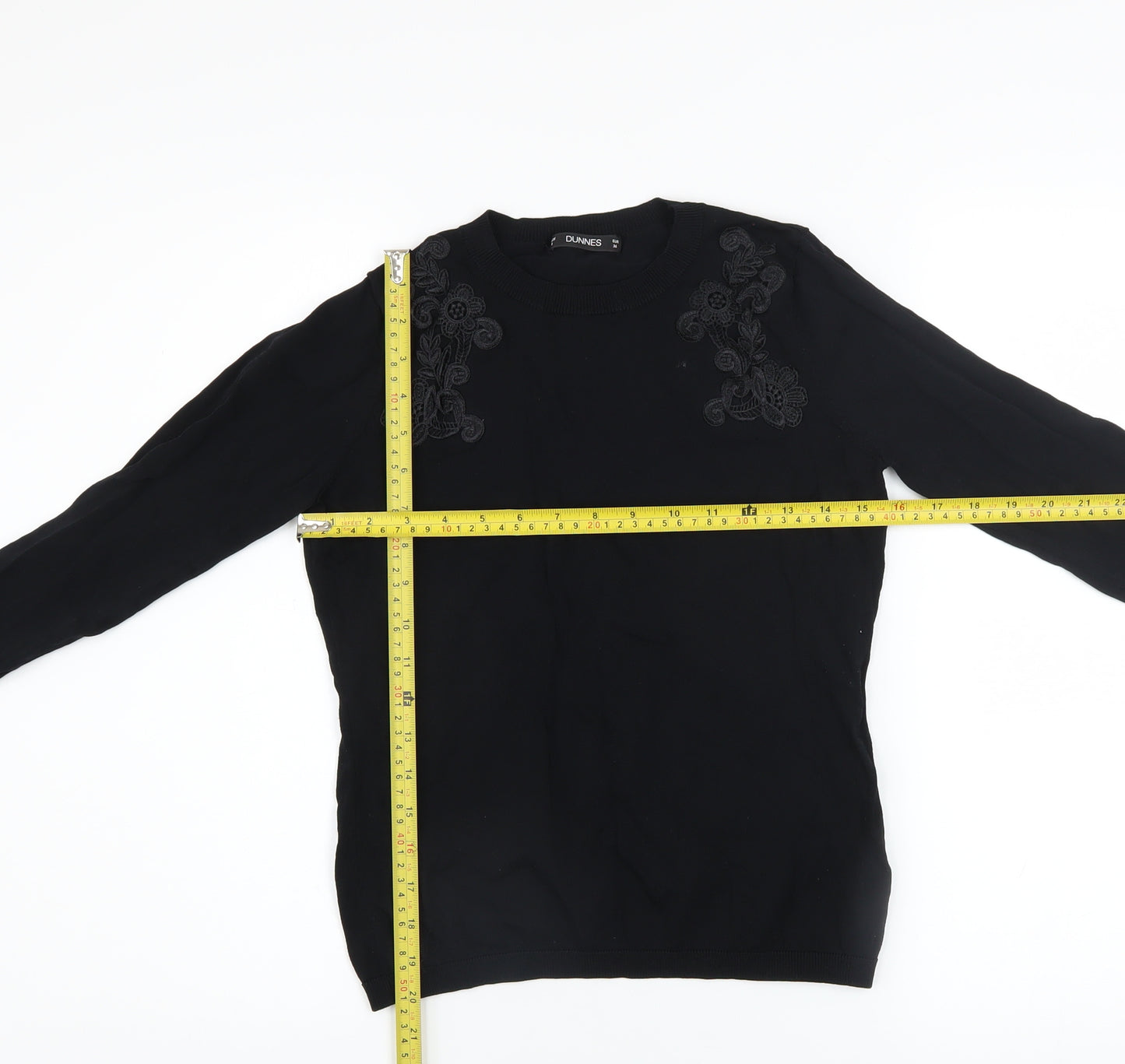 Dunnes Womens Black Embroidered Crew Neck Long Sleeve Jumper Size 8