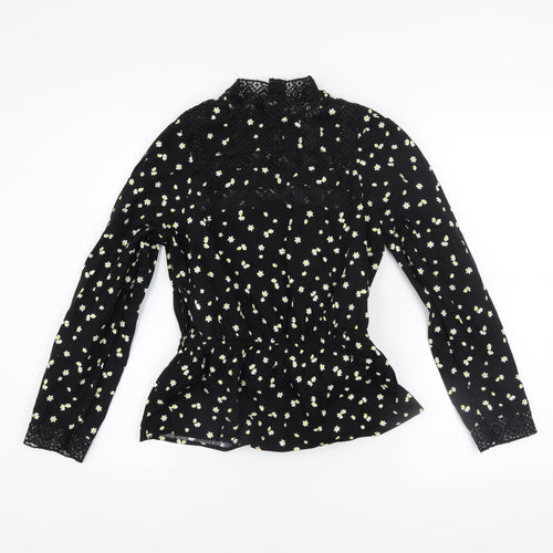 Savida Women's Black Floral Lace High Neck Long Sleeve Blouse XS