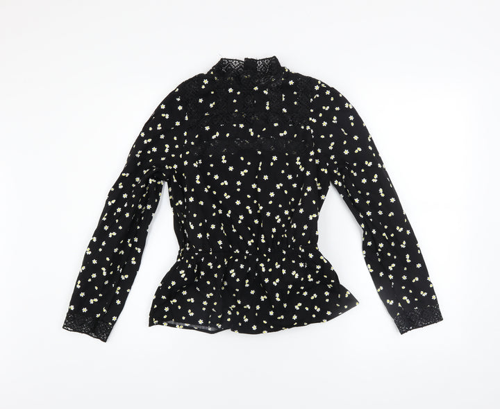 Savida Women's Black Floral Lace High Neck Long Sleeve Blouse XS