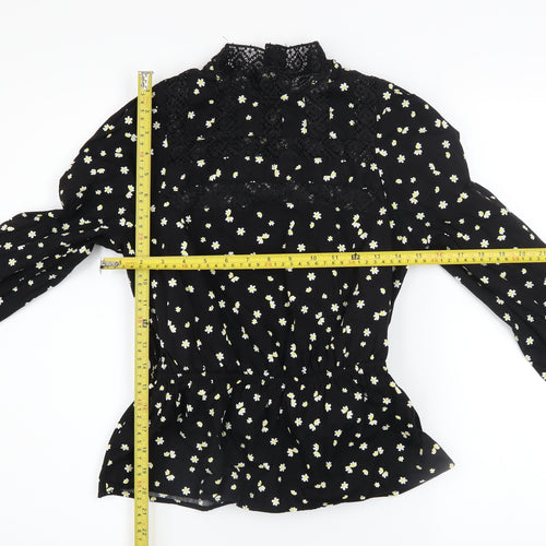 Savida Women's Black Floral Lace High Neck Long Sleeve Blouse XS