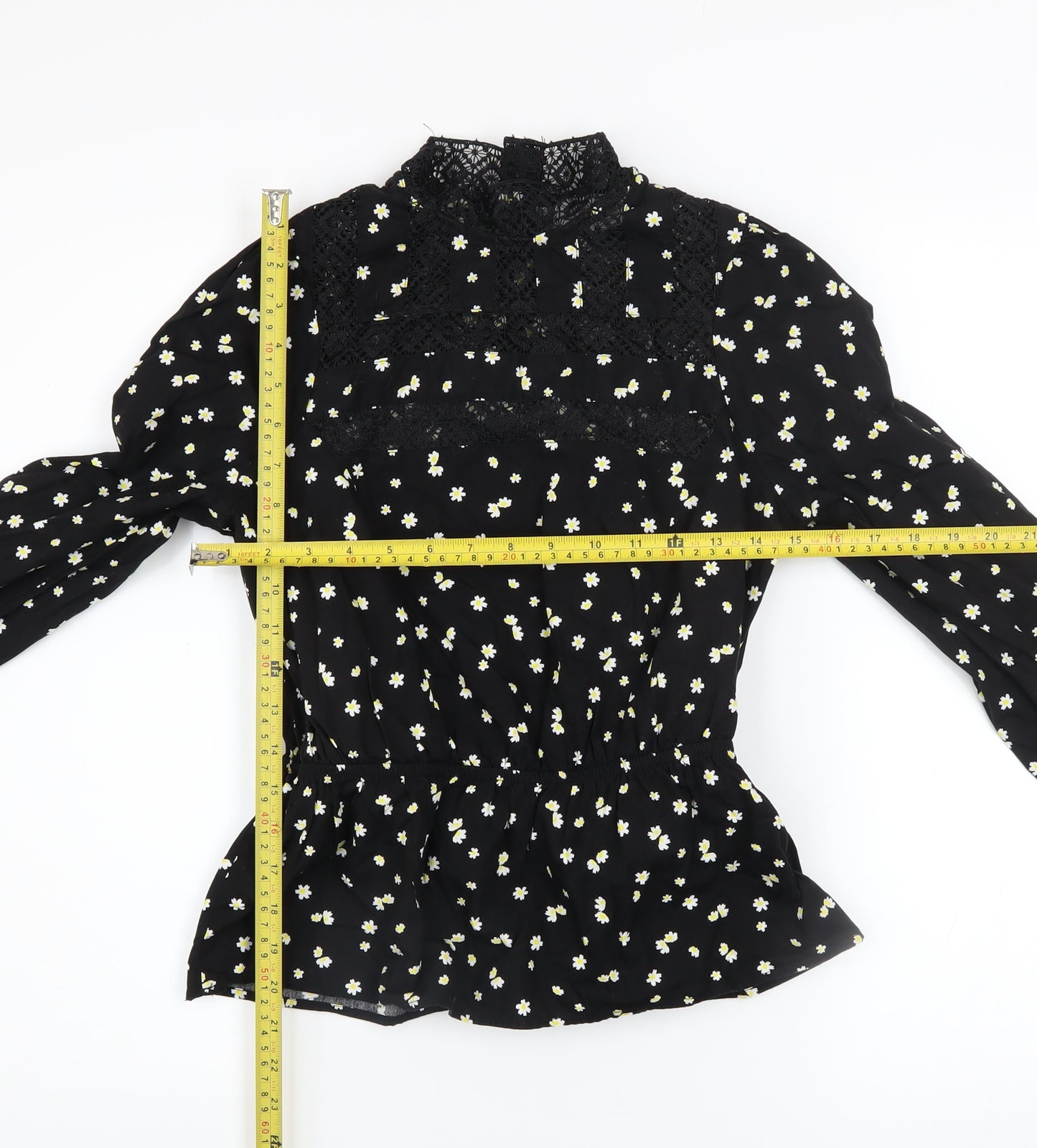 Savida Women's Black Floral Lace High Neck Long Sleeve Blouse XS