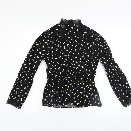 Savida Women's Black Floral Lace High Neck Long Sleeve Blouse XS