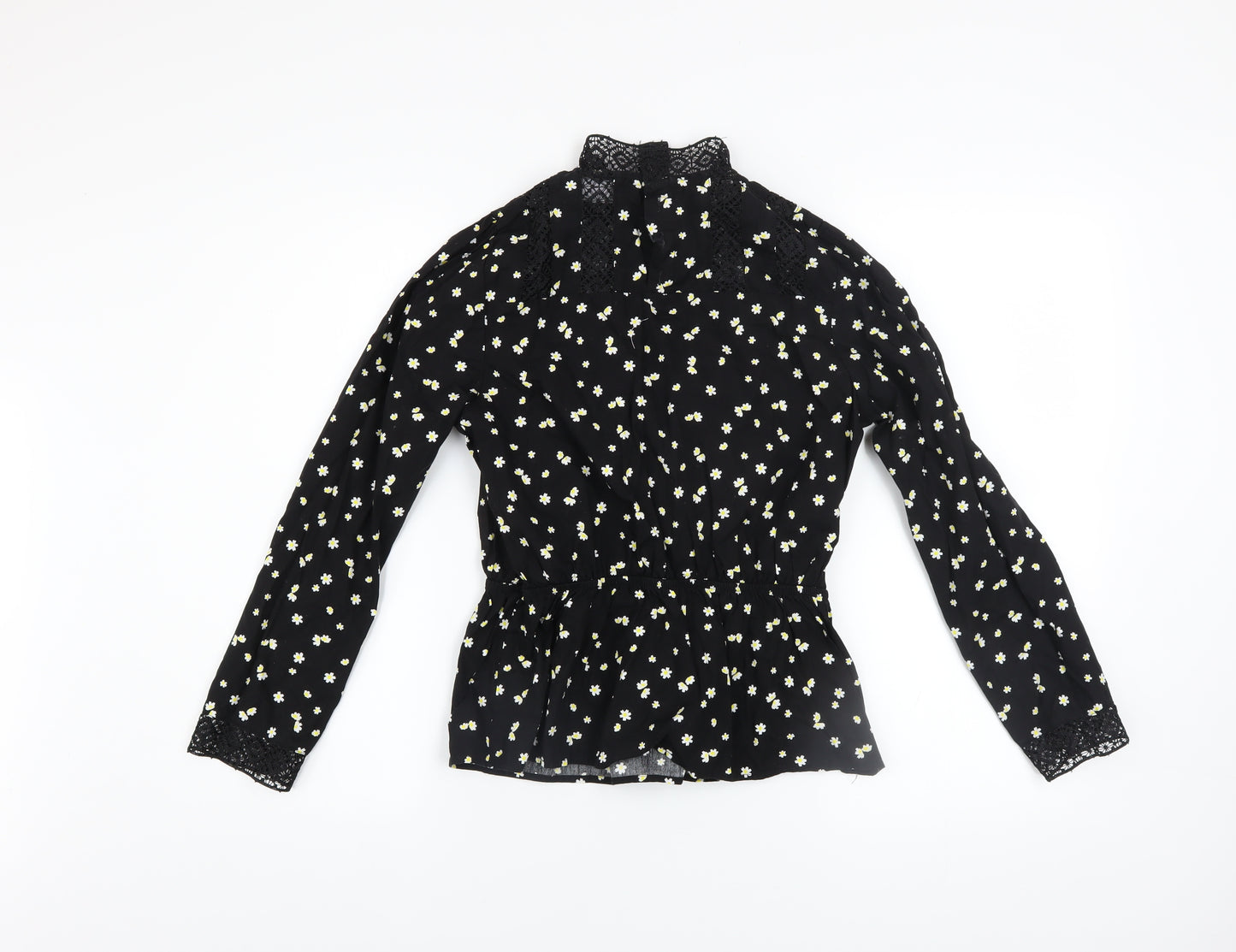 Savida Women's Black Floral Lace High Neck Long Sleeve Blouse XS