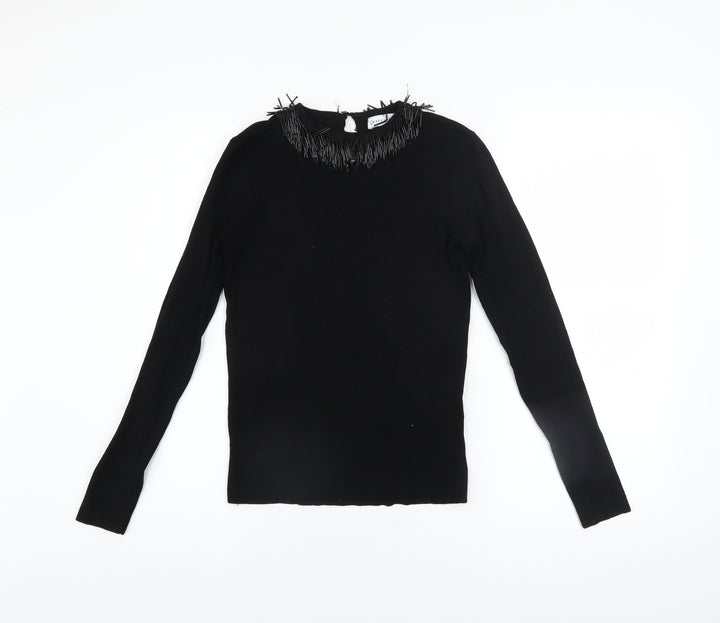 Warehouse Women’s Black Beaded Neck Long Sleeve Jumper Size 12