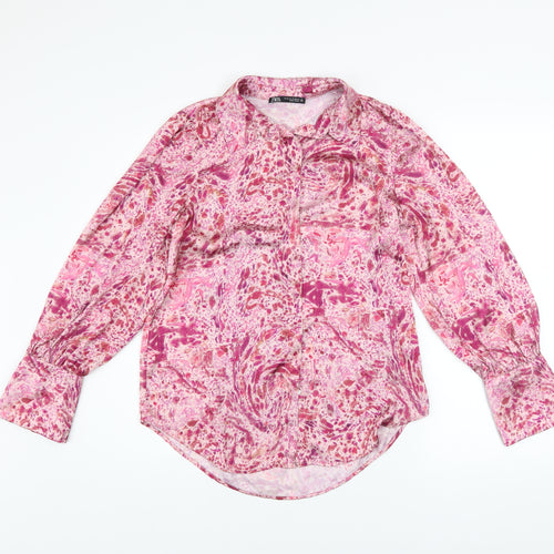 Zara Women Pink Multicoloured Button-Up Blouse XS Long Sleeve Polyester