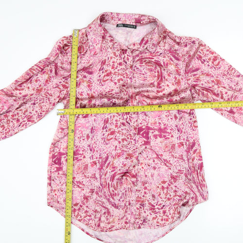 Zara Women Pink Multicoloured Button-Up Blouse XS Long Sleeve Polyester