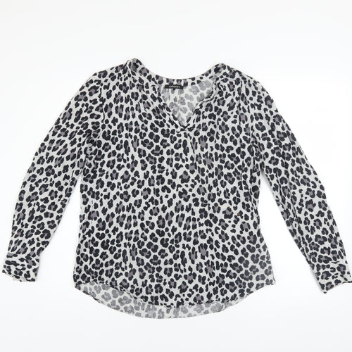 Olsen Womens Grey Animal Print Viscose Long Sleeve Blouse Size 12