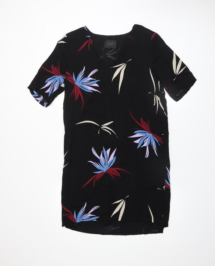 YAYA Women Black Floral Shift Dress Size 10 Knee Length Viscose